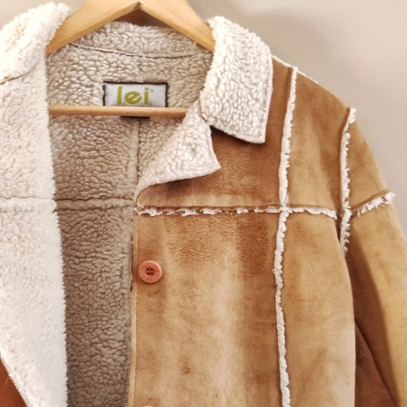 LEI 90s Faux Suede Sherpa Lined Collared Jacket Tan Large - Picture 3 of 9